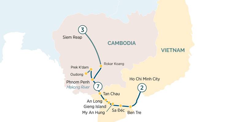 Carte affichant l'itinéraire de voyage au Cambodge et au Vietnam.