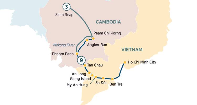 Carte montrant les emplacements le long du fleuve Mékong au Cambodge et au Vietnam.
