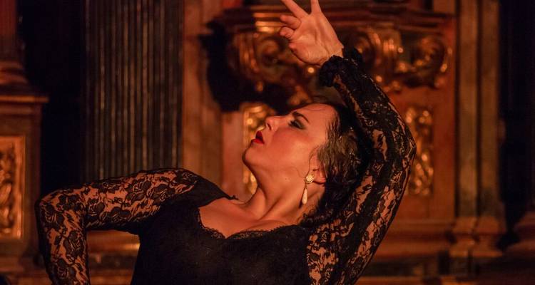 Danseuse de flamenco se produisant dans une pièce faiblement éclairée.