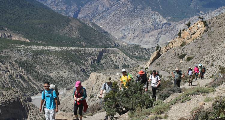 Des randonneurs marchant le long d'un sentier de montagne avec des vues panoramiques.