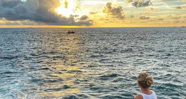 Personne profitant d'une vue du coucher de soleil sur l'océan.