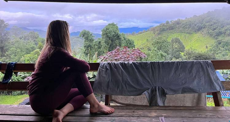 Personne assise sur un banc avec vue sur des collines verdoyantes