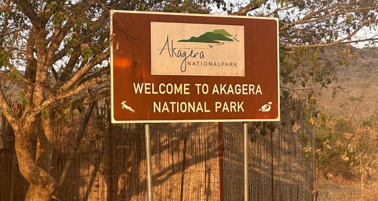 Sign for Akagera National Park with tree and dry leaf backdrop.