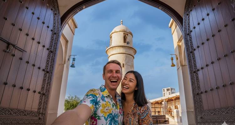 Couple taking a selfie with a historic architectural background.