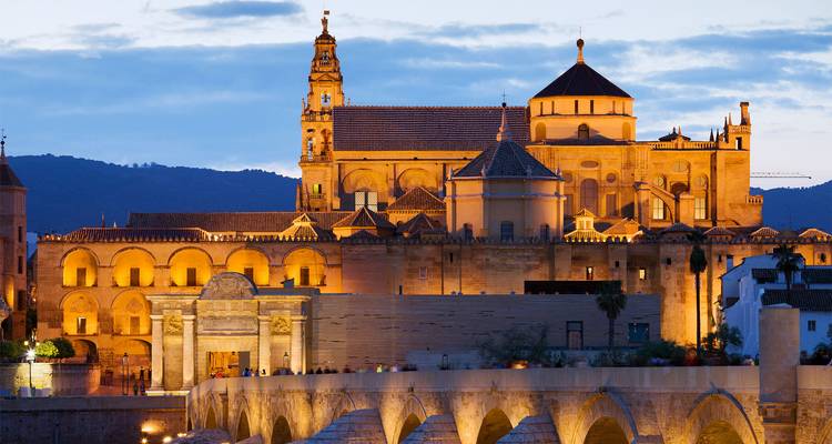 A grand historic building lit up at dusk with a bridge in foreground.