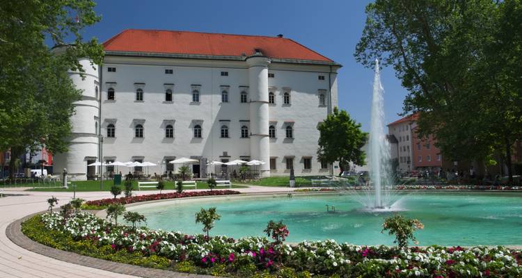 Edificio histórico con una fuente en un patio lleno de flores.