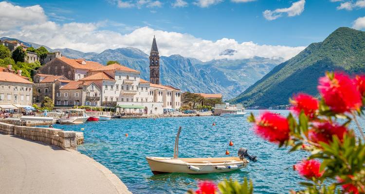 Perast dans la baie de Kotor avec des fleurs au premier plan et des montagnes en arrière-plan.