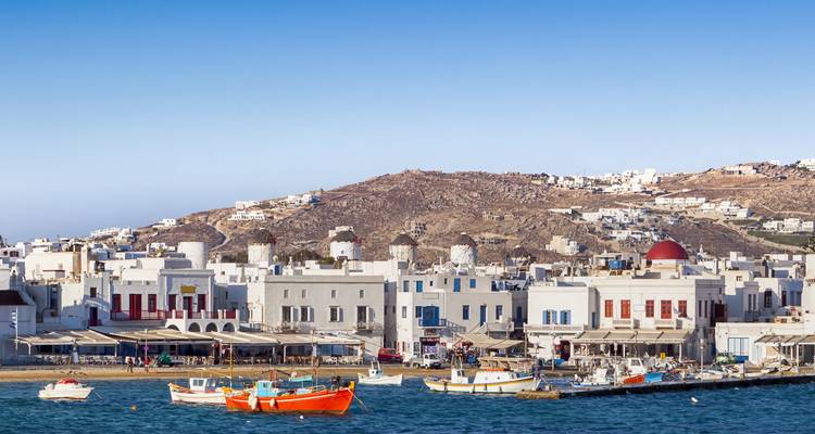 Seaside town with traditional buildings in Mykonos.