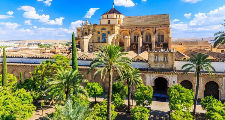 Scenic view of the Great Mosque of Cordoba surrounded by palm trees.