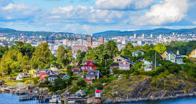 Bright and colorful houses on a hillside overlooking Oslo's skyline.