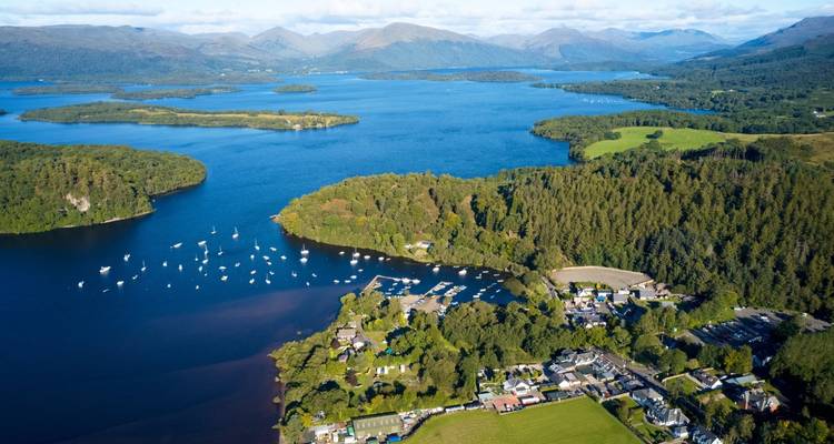 Vue aérienne d'une ville côtière avec des forêts et des collines.