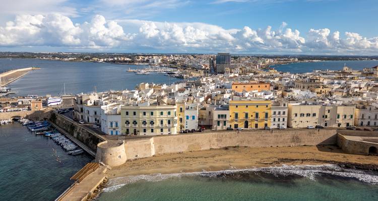 Ciudad costera con playa de arena y puerto.