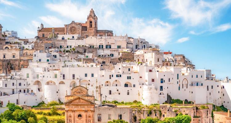 White buildings with churches in the background.