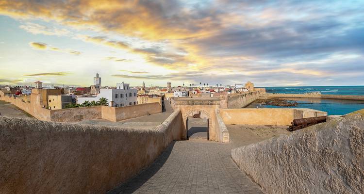 Stunning view of city walls and coastal landscape in Essaouira.