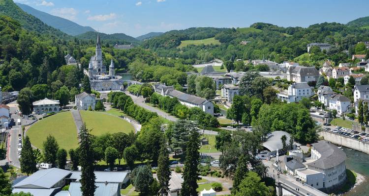 Aerial view of Lourdes with greenery and historical structures.
