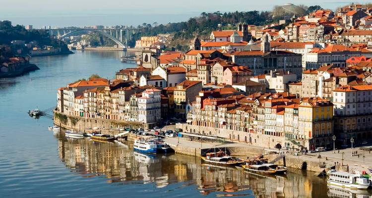 Panoramic view of a river with houses lining the waterfront.