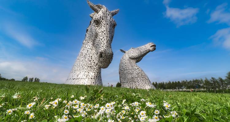 Sculptures massives de têtes de chevaux dans un champ herbeux sous un ciel bleu.
