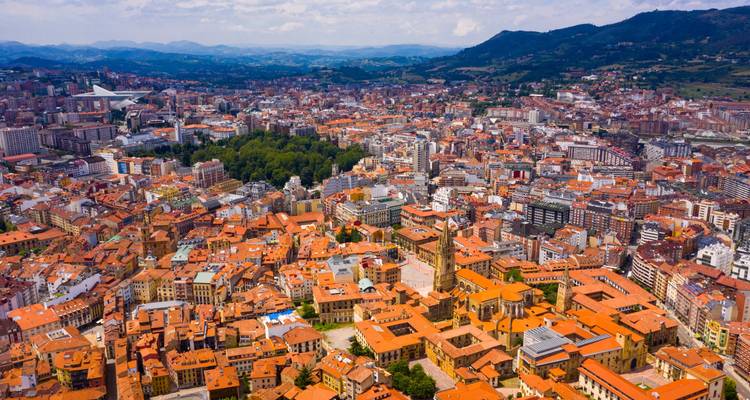 Aerial view of a city with red rooftops and a cathedral.
