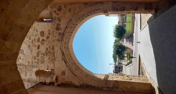 Voûte en pierre offrant une vue sur un sentier bordé d'arbres.