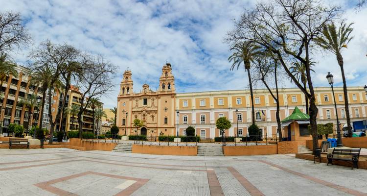 Plaza con árboles y una iglesia histórica.