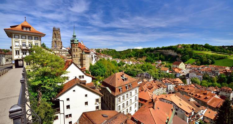 Cityscape view with historic buildings and a clock tower.