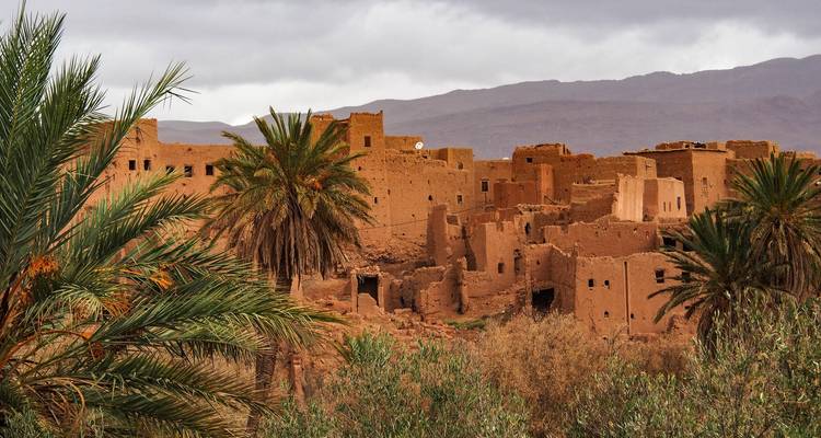 Vue d'un village ancien avec des palmiers sous un ciel nuageux.