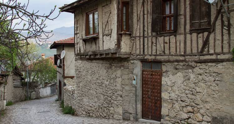 Narrow cobblestone street with old stone houses.