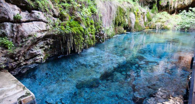 Blue natural pool surrounded by mossy rocks and vegetation.