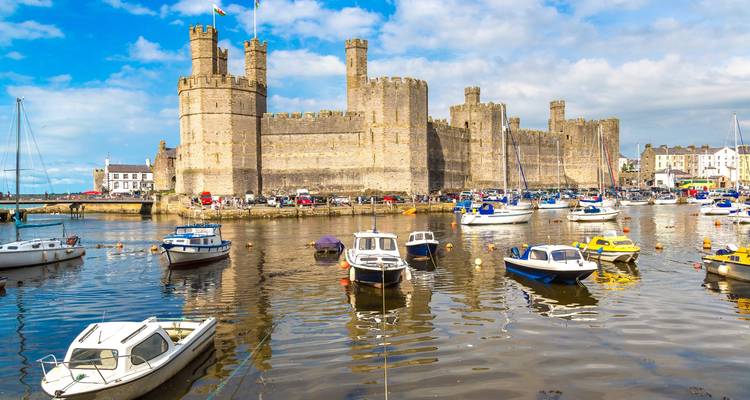 Château avec des bateaux sur une rivière sous un ciel bleu.