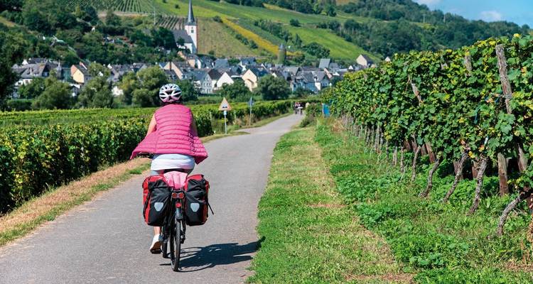 Un cycliste solitaire sur un sentier pittoresque de vignoble avec un village en arrière-plan.