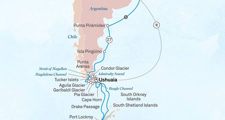Reiseverlaufskarte des südlichen Südamerikas mit Hervorhebung von Ushuaia und nahegelegenen Gletschern und Kanälen.