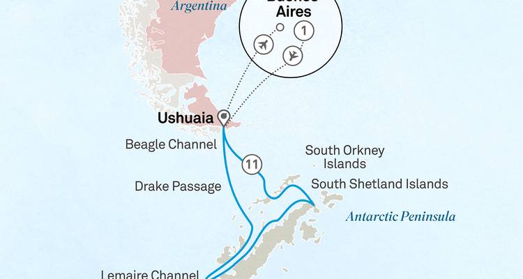 Een kaart met routes van Buenos Aires naar Ushuaia en Antarctica