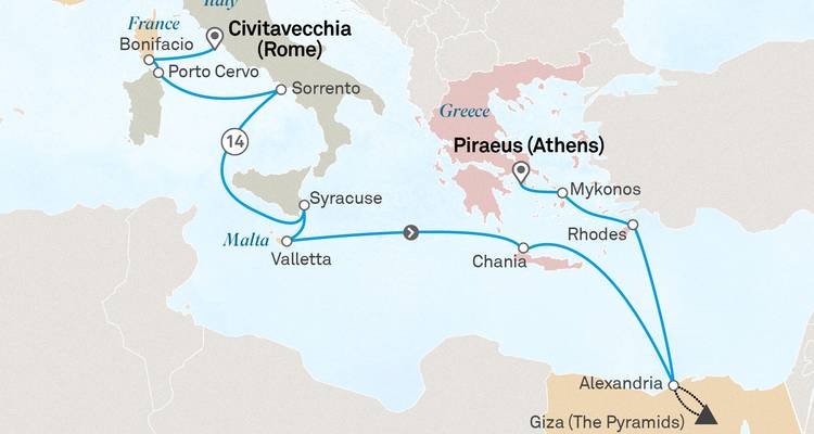 Mapa gráfico de ruta que muestra un itinerario de crucero por el Mediterráneo que conecta Italia, Francia, Grecia, Egipto y Malta.