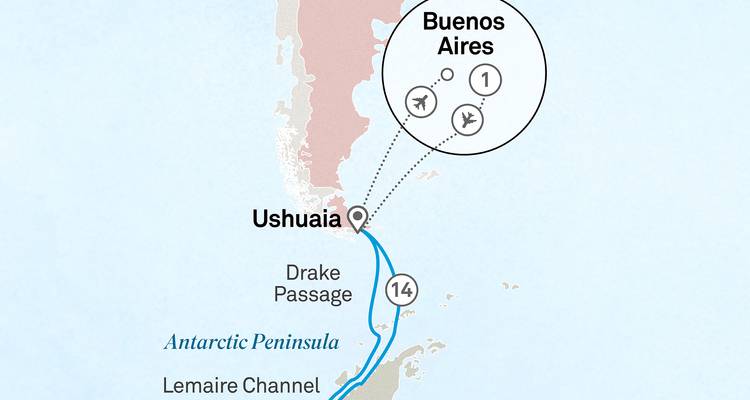 Kaart die de route van Buenos Aires naar Ushuaia, Drake Passage en het Antarctisch Schiereiland weergeeft.