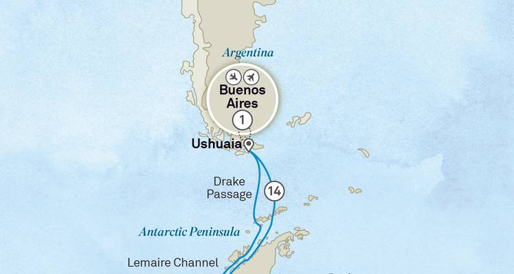 Carte simple illustrant l'itinéraire de voyage de Buenos Aires à Ushuaia.