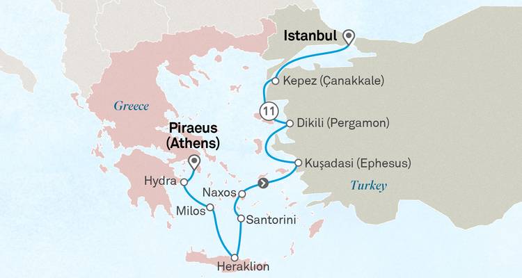Map showing routes between various cities in Greece and Turkey.