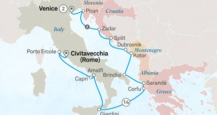 Carte d'itinéraire détaillé d'une route de croisière autour de l'Italie, de la Croatie, du Monténégro, de l'Albanie et de la Grèce mettant en évidence les principales villes portuaires