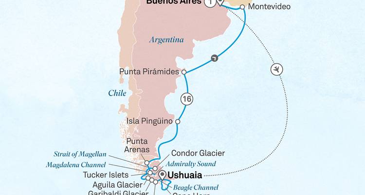 Carte d'itinéraire mettant en évidence un itinéraire de croisière de Buenos Aires à Ushuaia via Montevideo.