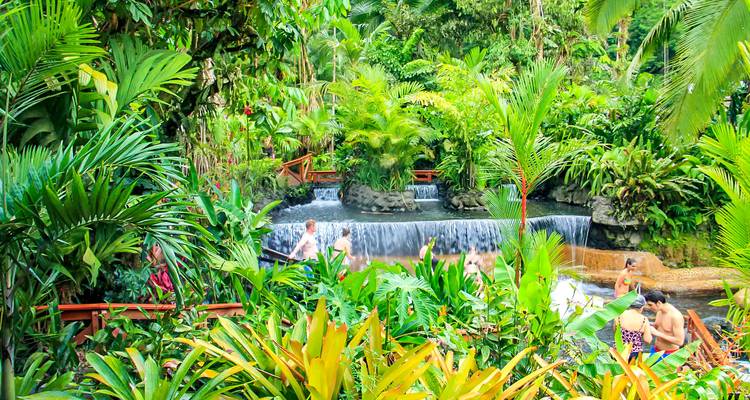 Weelderige tropische tuinen met mensen die genieten van een warmwaterbron.