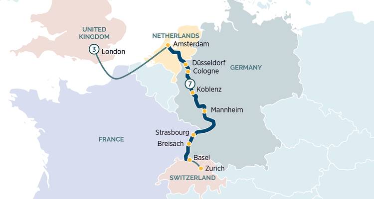Illustrated map showing a travel route through the United Kingdom, Netherlands, Germany, France and Switzerland.