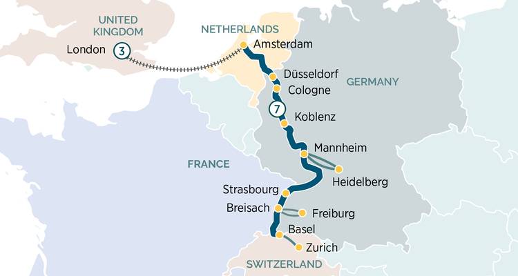 Stylised route map showing a cruise itinerary from London through Amsterdam and down the Rhine to Switzerland and France.