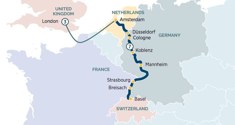 Carte d'un itinéraire de croisière fluviale européenne incluant les principales villes.