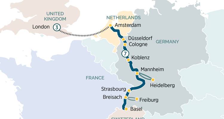 Vereenvoudigde routekaart met Londen, Amsterdam en Rijnsteden tot aan Basel
