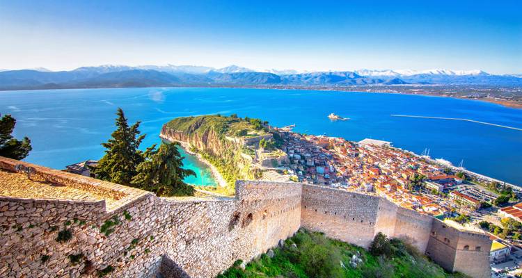Panoramic view of Nafplion from a fortress overlooking the sea.