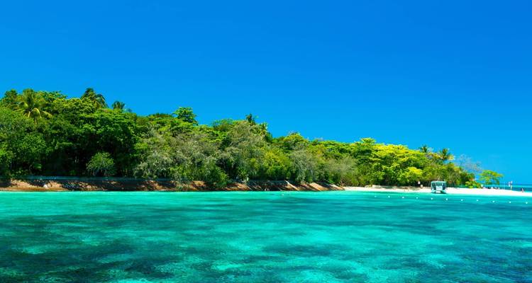 Tropical island with lush greenery and turquoise blue water.