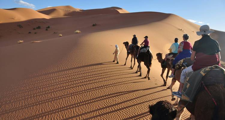 Des touristes chevauchant des chameaux à travers le paysage désertique.