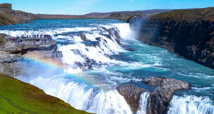 Gullfoss waterfall with a rainbow in the spray.