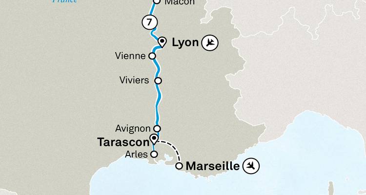 Regionale kaart met details van een reisroute van Lyon zuidwaarts via Avignon naar Tarascon en Marseille.