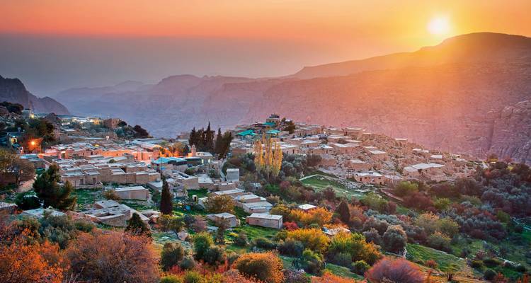 Scenic sunset over a village on a mountain landscape in Petra.