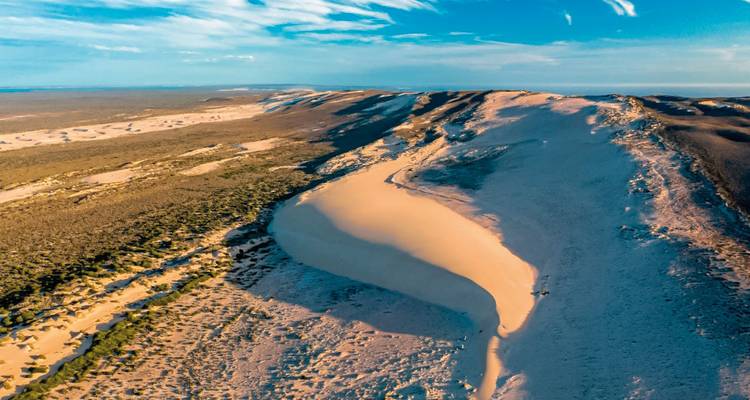 Vue aérienne de dunes de sable et de paysage désertique.